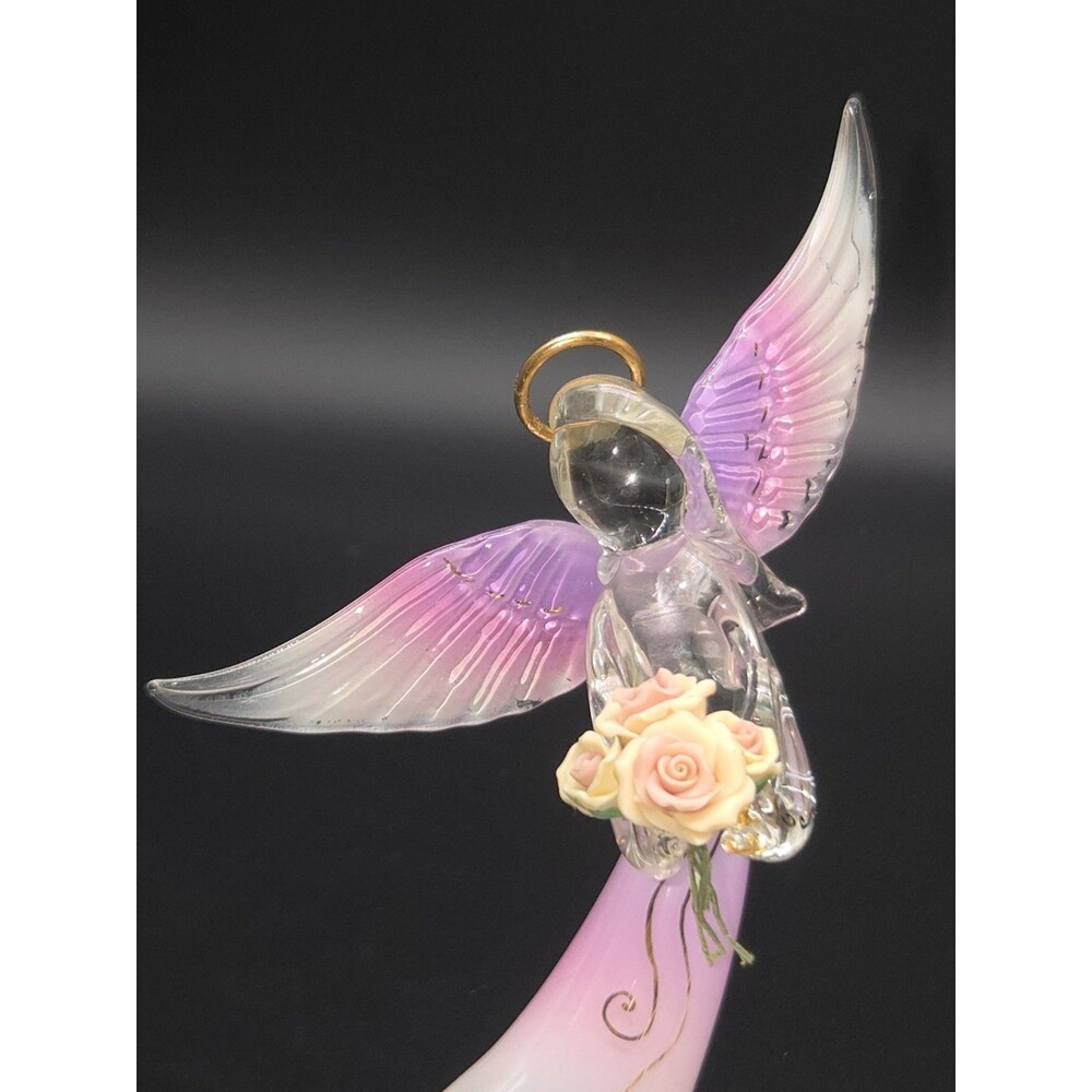 Glass Baron Art Glass Hand Blown Glass Angel With Roses Mirror Base 7 In Tall